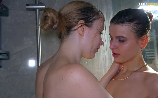 While the Parents Are Not at Home, Two Naked Stepsisters, in Wet Lesbian Sex Under the Jets of a Hot Shower!