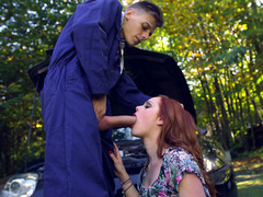 Red head Ella Hughes sucks mechanics huge cock outside