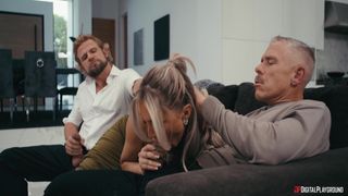 Kayley Gunner gets shared in a spitroast taking both cocks in her mouth
