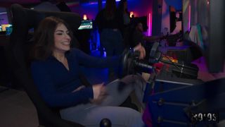 His girl plays on a simulator and masturbates at the same time