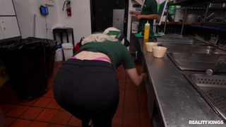Blonde Gia OhMy takes Mira Luv to the kitchen to suck her titties