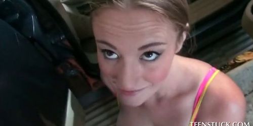 Horny teen shoves big dick in pink wet cunt